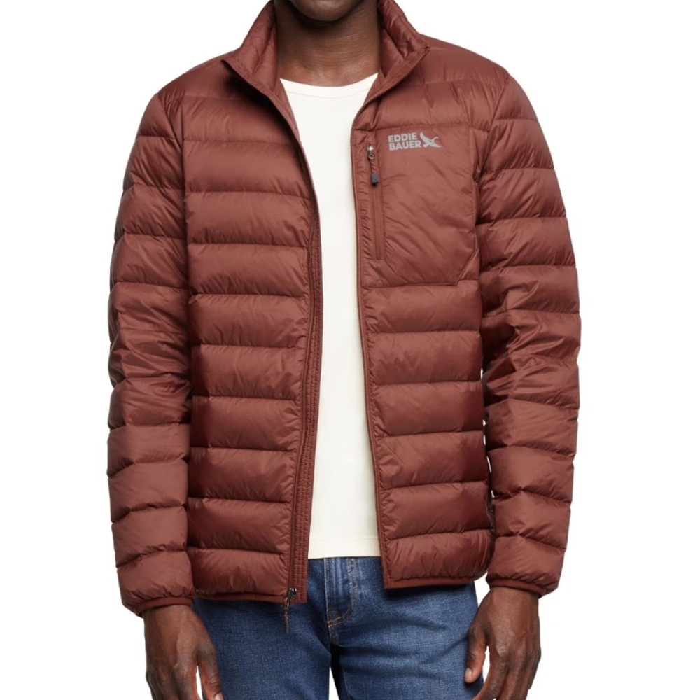 Men’s Eddie Bauer size maroon, packable, jacket pocket measure